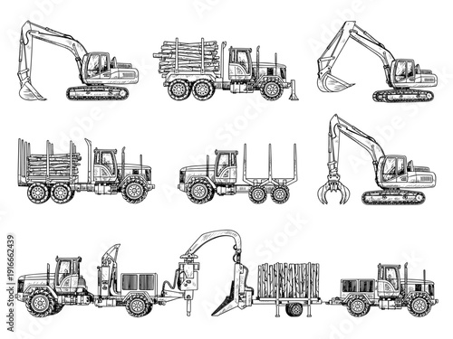 Logging Equipment Sketch: Harvesting Forest Timber with Excavators, Forwarders & Log Trucks Hauling Wood in Forestry Industry - Classic Line Art for Sustainable Resource Management & Environmental Pro
