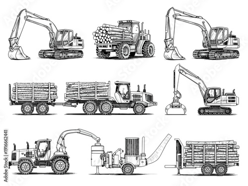Logging Equipment Black and White Illustrations: Forest Industry Machinery for Tree Harvesting Operations, Sustainable Forestry and Environmental Stewardship, Line Art Style Design Elements, Wood Tran