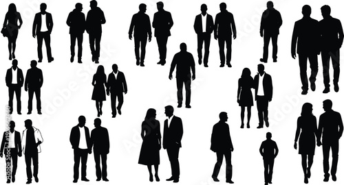 People walking and standing silhouette set with diverse men and women in business and casual clothing for urban lifestyle flavector