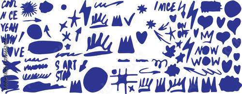 Blue hand drawn graffiti words and decorative doodles set, urban streetwear lettering and artistic symbols on white background
