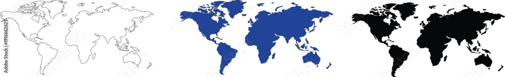 Fototapeta premium World map vector set with outline, blue silhouette, and black earth continents isolated on white background