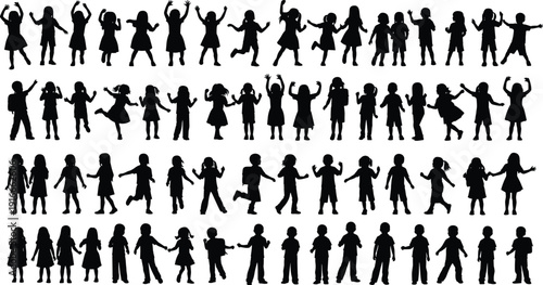 Vector illustration of children silhouettes in joyful poses symbolizing play, youth, community, culture, education, inclusivity, and social values