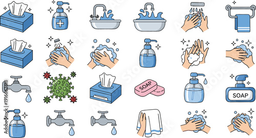 Comprehensive hygiene icon set featuring hand washing steps liquid soap dispensers tissue boxes faucets and virus prevention symbols in blue linear vector style.