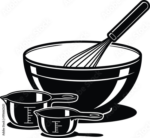 Kitchen mixing bowl with wire whisk and measuring cups set for baking and cooking preparation icon professional culinary tools for food recipe design.