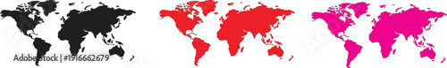 World map silhouette collection in black red and pink colors, global earth continents vector set isolated on white background