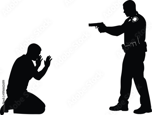 Art & IllustrationPolice officer silhouette pointing gun at kneeling suspect with hands up isolated on white background vector illustration for crime design