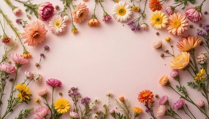 Flat lay colorful flowers frame on pastel background, creative floral border design concept