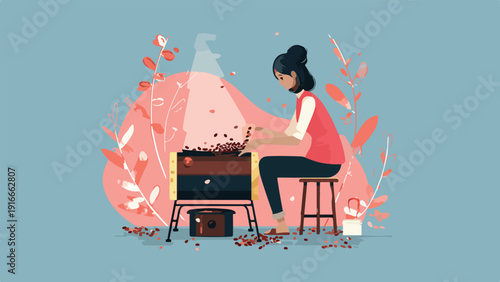 A person is using a roasting machine to roast coffee beans, with decorative plants in the background