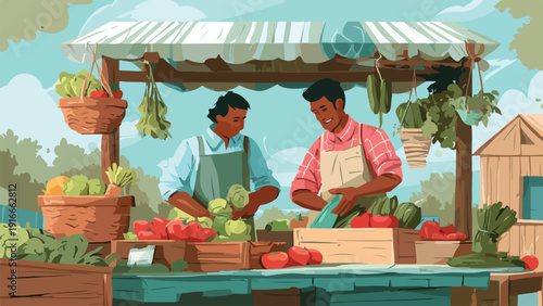Two farmers smilingly sell fresh produce at an outdoor market stall under a striped awning