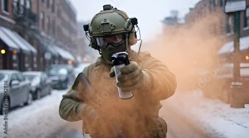 Armed law enforcement officer advancing and deploying pepper spray in snowy urban street