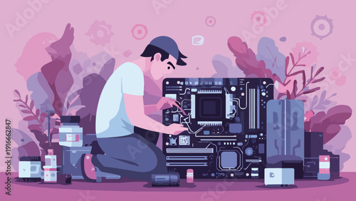 A person kneels, assembling a complex electronic device amidst a stylized floral background