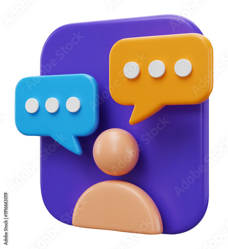 Digital 3D Messaging Icon with Orange and Blue Speech Bubbles for Social Interaction