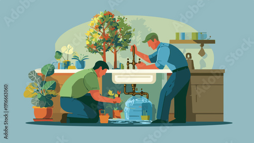 Two men performing plumbing work under a sink with a water jug and plants