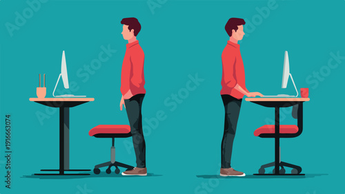 Two illustrations of a man at a desk, one sitting, one standing, against a teal background