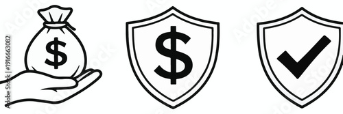 Hand Holding Money Bag and Shield Icons with Dollar Sign and Checkmark vector illustration