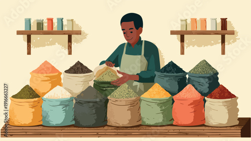 A smiling vendor offers spices from sacks at a market stall, with jars on shelves above