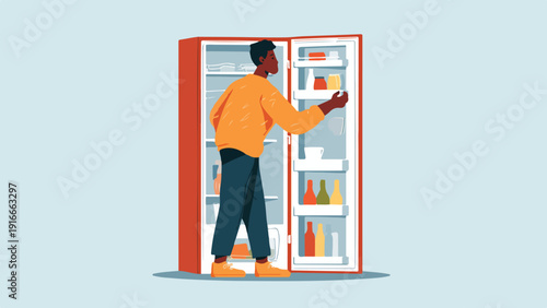 A person in an orange sweater and blue pants reaches into a red open refrigerator