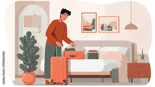 A person packs luggage in a bedroom with abstract art and plants