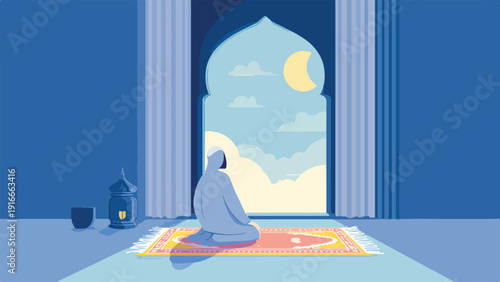 Person in blue robe praying on a rug in front of an arched doorway with moon and clouds