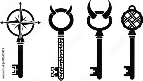 Fantasy keys vector set flat style illustration isolated on transparency background, various shapes antique mystic elements for app and web ui.
