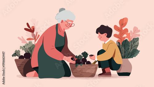 Grandmother and child gather vegetables from a harvest basket