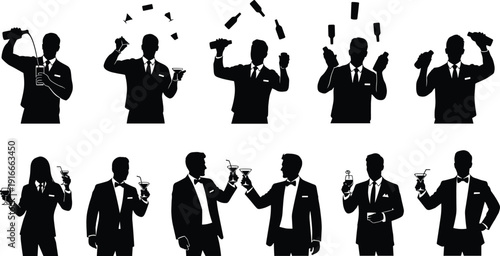Professional Bartender Silhouettes and Formal People Collection Featuring Male and Female Figures Juggling Bottles Making Drinks and Toasting with Cocktails