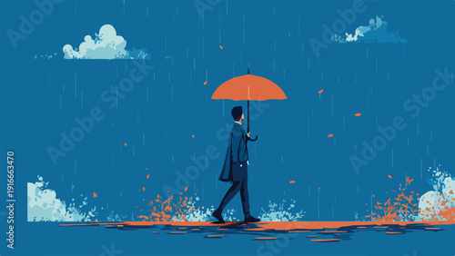 Lone figure with orange umbrella walks through falling rain and scattered autumn leaves