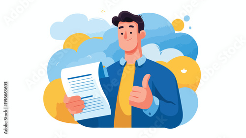 A man in a blue jacket and yellow shirt gives a thumbs up while holding a document