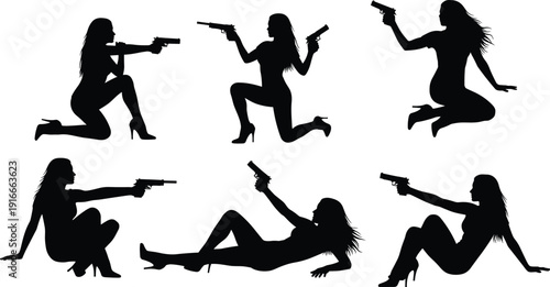 Professional Bartender Silhouettes Making Cocktails and Formal People Toasting Plus Action Woman Secret Agent with Guns and Potted Houseplants flavector