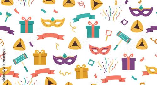 Purim Seamless Pattern with Masks, Gifts, Hamantaschen and Confetti, Festive Holiday Background