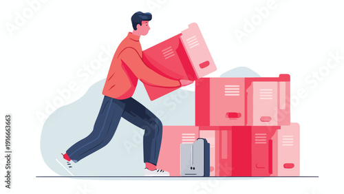 Man stacking red cardboard boxes with a blue and gray accent