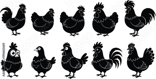 Black hen and rooster silhouette icons set, farm poultry bird shapes, chicken livestock symbols for organic agriculture logo design projects,