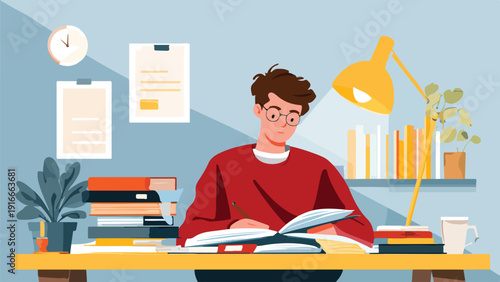 Young person with glasses studying at a desk with books, lamp, and plants