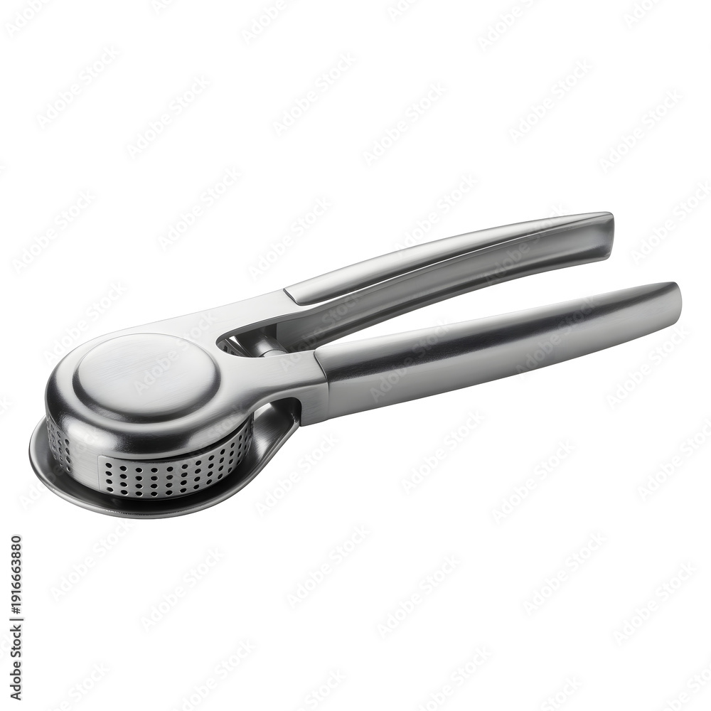 Obraz premium Garlic Press in Modern Stainless Steel Design with Soft Lighting on White Background for Kitchen Utensils