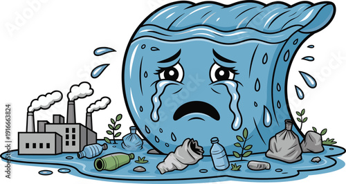 Crying Sad Blue Water Wave Character Surrounded by Plastic Trash Pollution and Industrial Factory Smoke Isolated on White Background for Environmental Conservation Awareness Design