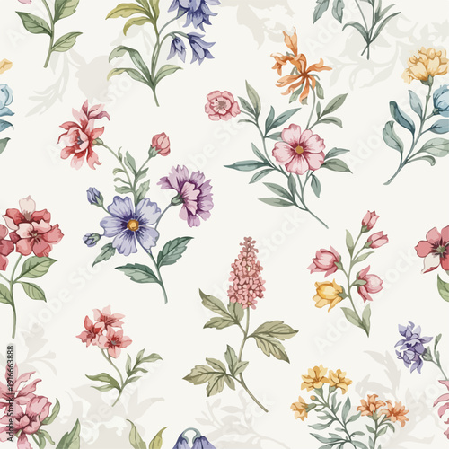Bold Botanical Floral Design with Bright Spring Flowers for Textiles