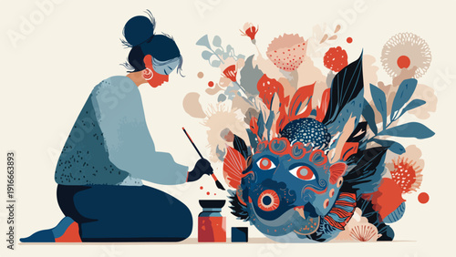Artistic person paints a creature amidst vibrant floral elements