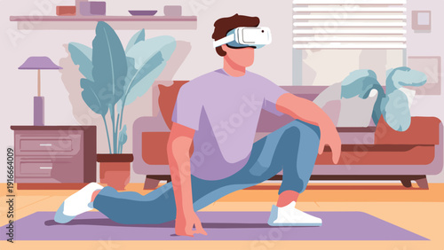 Man in virtual reality headset stretching at home next to plants and furniture