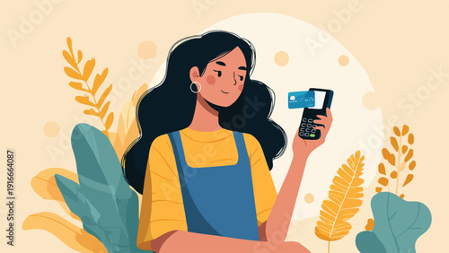 Woman uses credit card for payment with a portable terminal