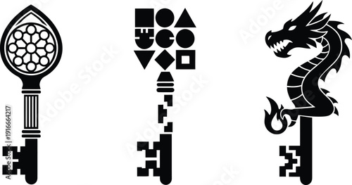 Three striking black silhouette keys featuring gothic rose window geometric shapes and a fierce dragon for fantasy and mythical subject matter.