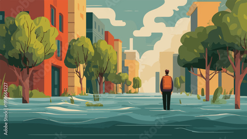 Lone person with backpack surveys a flooded urban street with trees