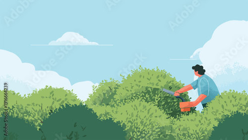 Person trimming lush green bushes against a soft blue sky with clouds