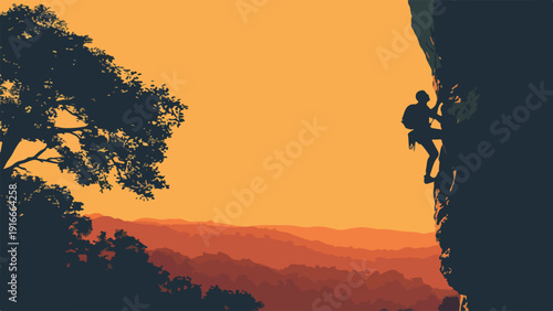Silhouette of a climber scaling a cliff face with rolling hills and trees in the background at sunset