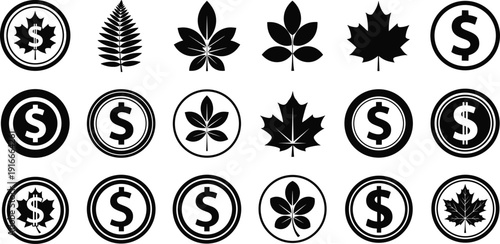 Black maple leaf silhouettes and dollar sign coin icons set, financial nature symbols for eco friendly economy and investment design,