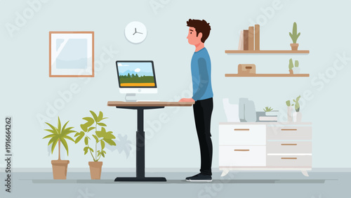 Man standing at a height-adjustable desk with a computer, plants, and shelving