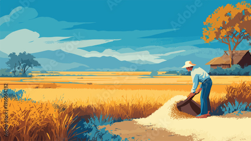 A farmer harvests a golden grain field under a vast blue sky with distant mountains and traditional huts