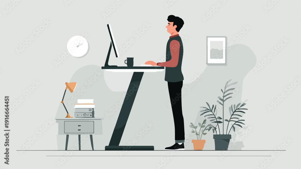 Obraz premium A person stands at a standing desk with a computer, mug, lamp, books, and plants