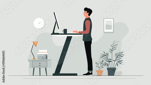 A person stands at a standing desk with a computer, mug, lamp, books, and plants