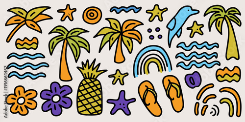 Playful tropical doodle illustration featuring palm trees fruits and ocean waves