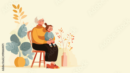 A grandmother holds her granddaughter on her lap, surrounded by plants and autumn foliage